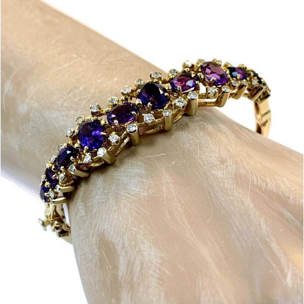 Amethyst Bracelet Diamonds 14K Yellow Gold: Hinged Bangle Vintage - Picture 8 of 14